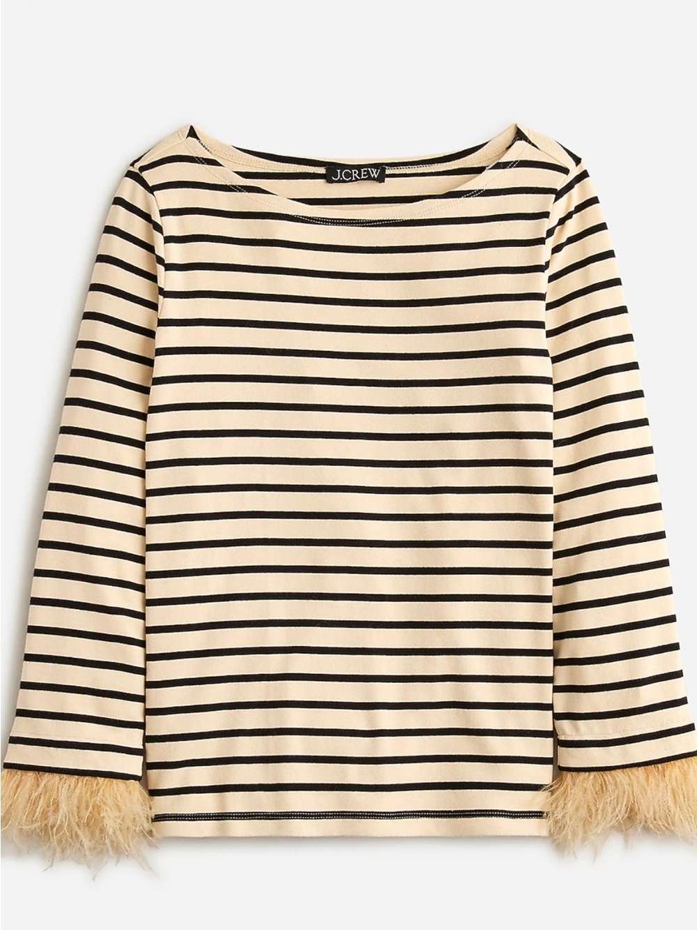 (2 pieces) J. Crew Cream and Black Striped Long Sleeve Top with Feather Cuffs